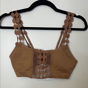 Brown Lace-Trim Bralette with Decorative Straps